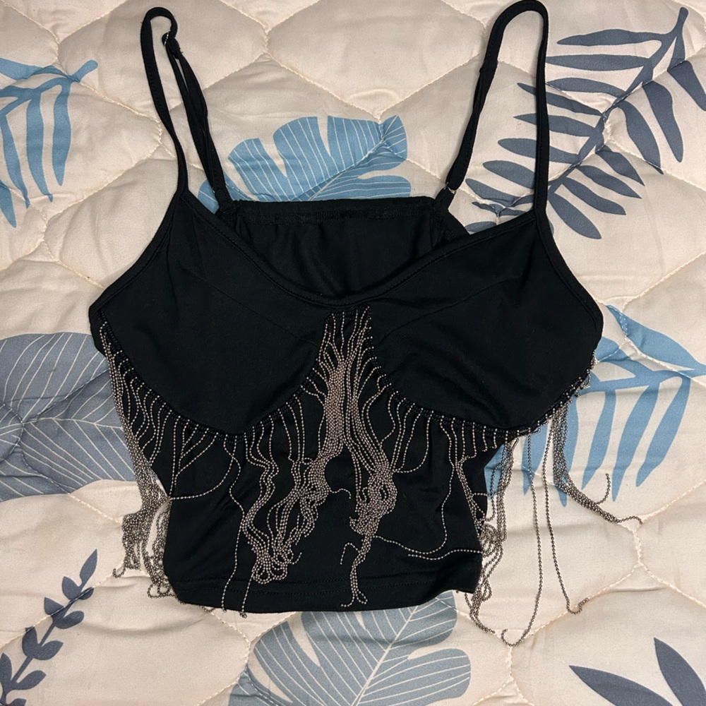 SHEIN Black Tank Top with Silver Fringe